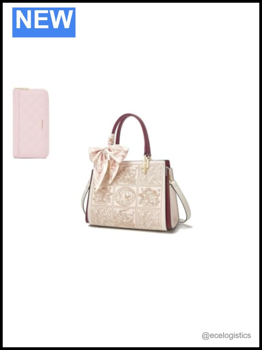 Medium Tote Bag with Leather Wallet, Embroidery Design
